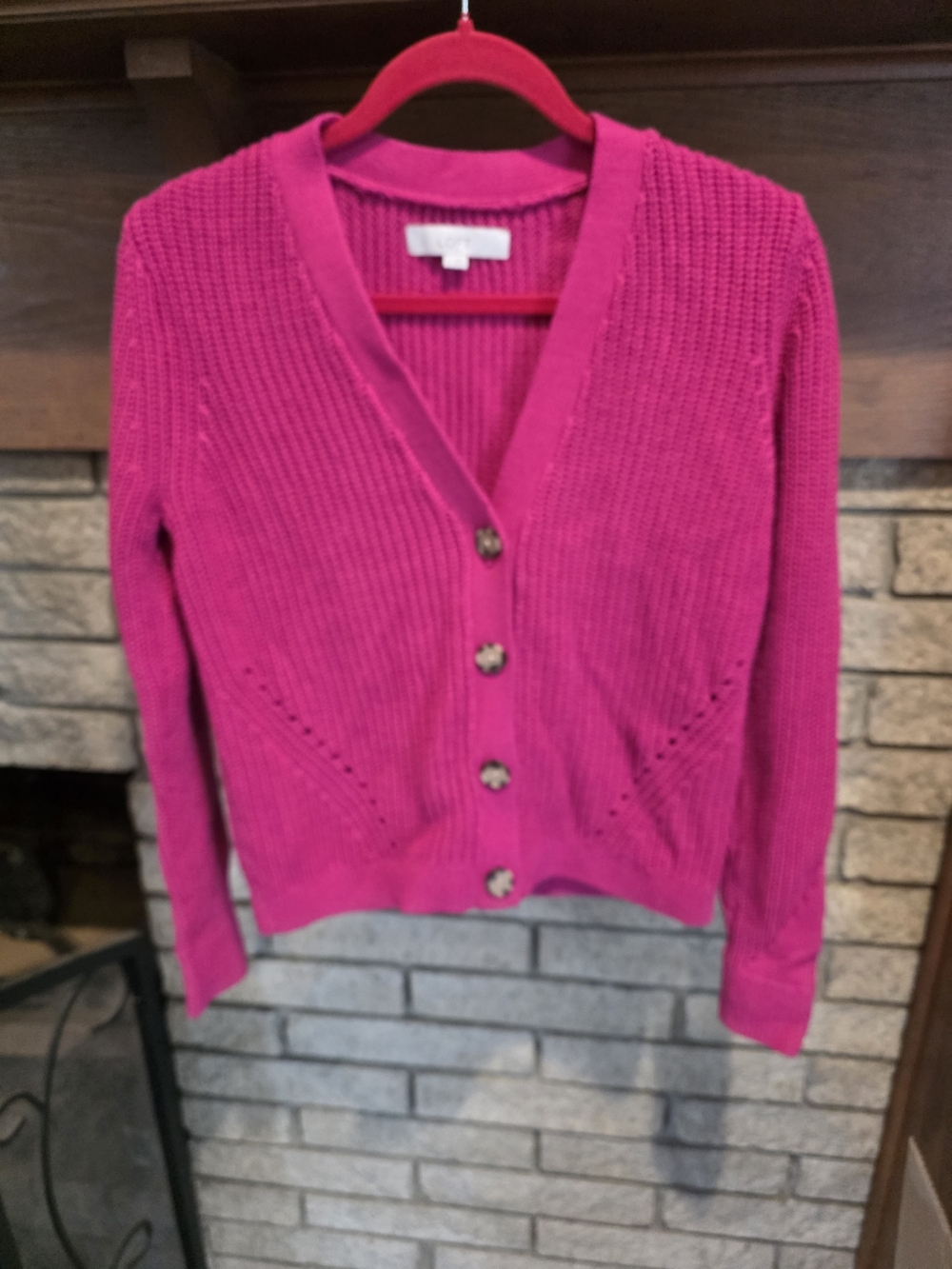 LOFT Fuchsia Ribbed V-Neck Button Cardigan - Picture 2 of 6